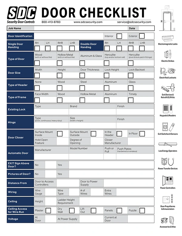 SDC Door Checklist page 1: job information, handing, door and frame type, hardware, and installation environment fields